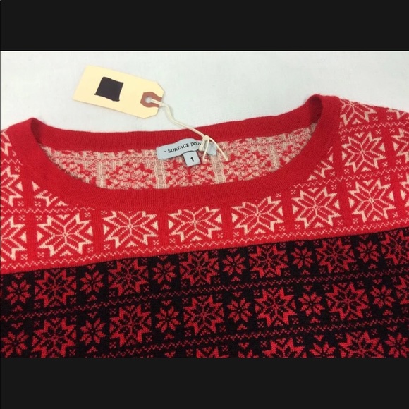 SURFACE TO AIR Red Black Gray Snowflake Print Fine Merino Wool Sweater Dress - Picture 7 of 8